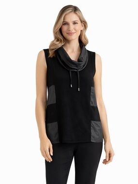 Picadilly Black Cowl Neck Drawstring Top Mixed Media Sleeveless Tunic Sz S